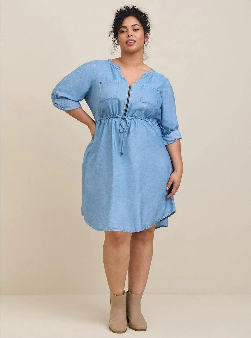 Mini Chambray Zip Front Shirt Dress 2 Mini Chambray Zip Front Shirt Dress - Image 2