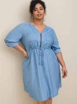 Mini Chambray Zip Front Shirt Dress