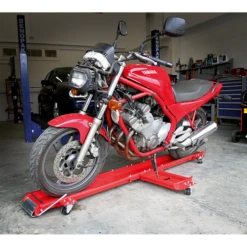 Side Stand Type Motorcycle Dolly -Magical Ears Collectibles Shop MS063 ACT HOLDING BIKE IN WORKSHOP 1